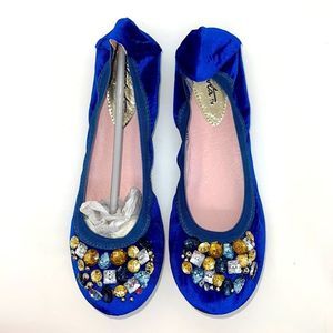Blue Suede Flats With Round Toes and Gemstone Accents. Size 9.